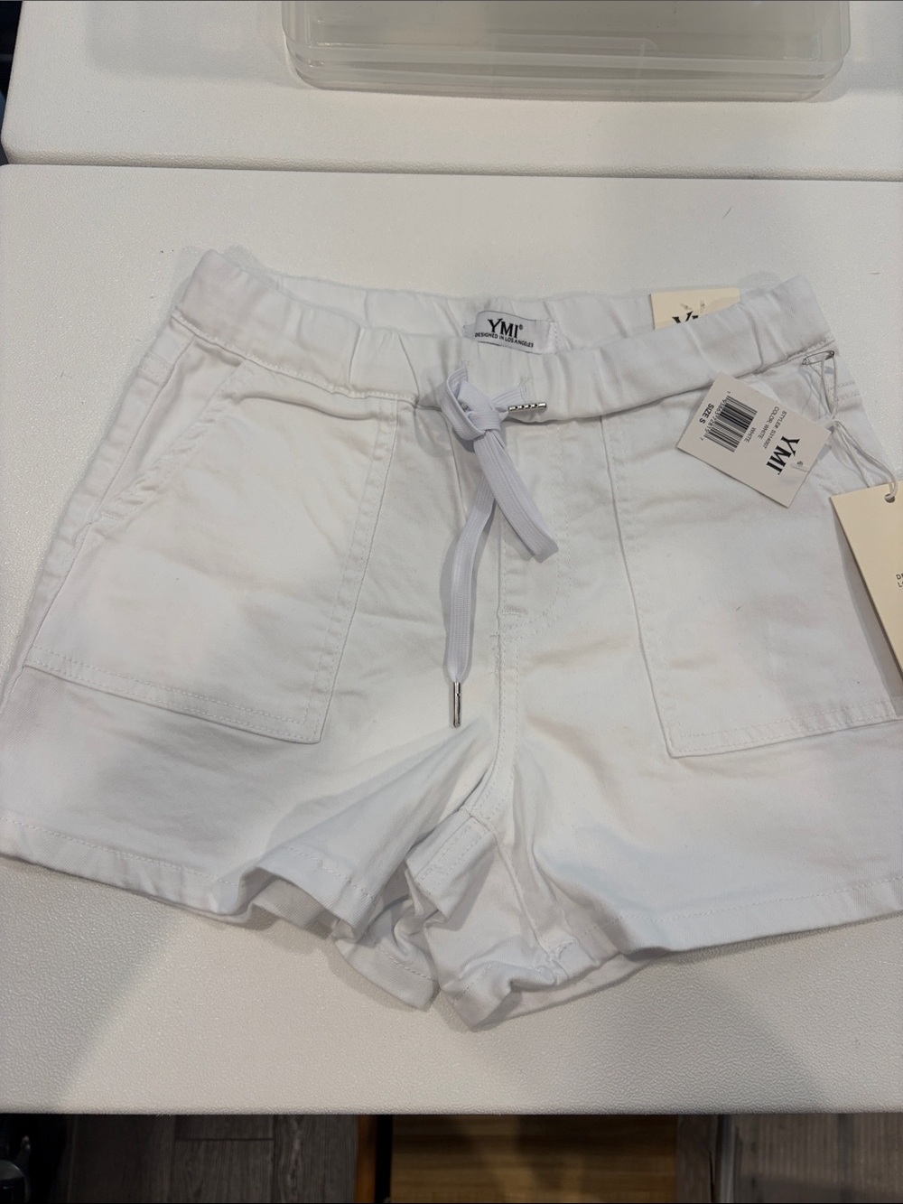 YMI Women's White Drawstring Patch-Pocket Shorts